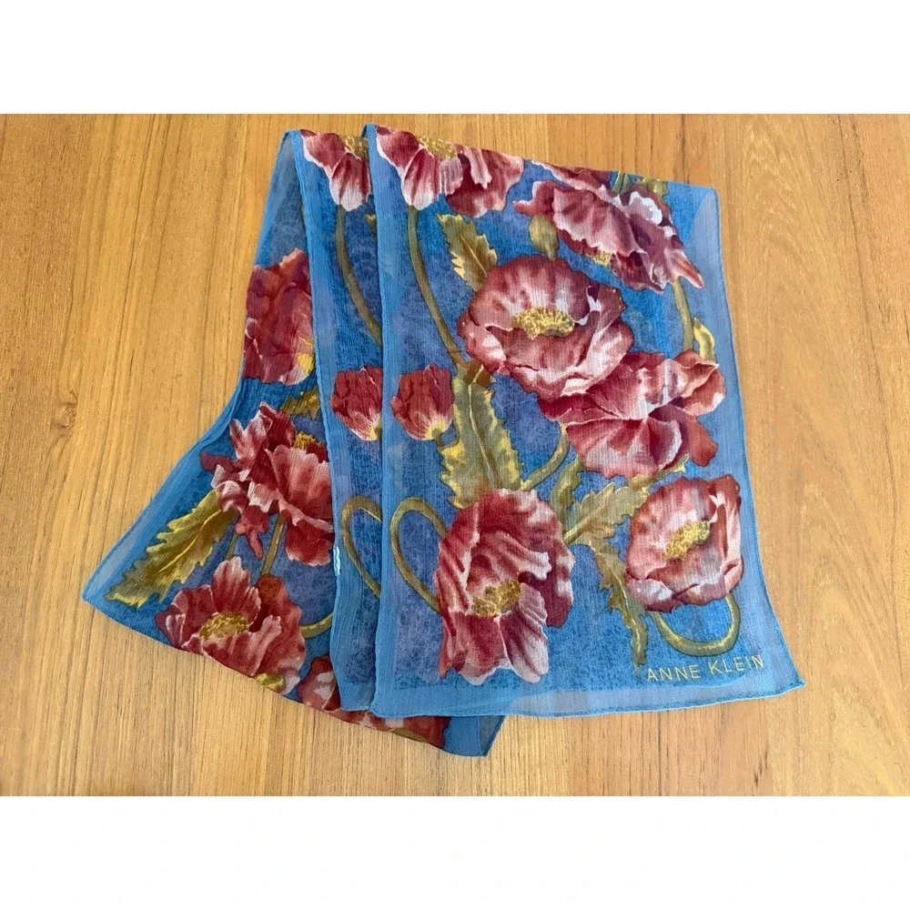 Anne Klein Blue Floral Silk Chiffon Scarf Y2K Romantic Cottagecore Bridal 10x60